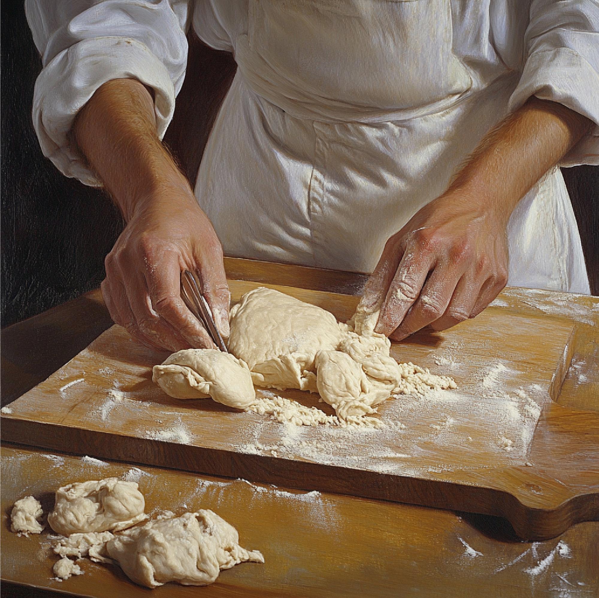 Workshop kitchen with a chef shaping dough by hand
