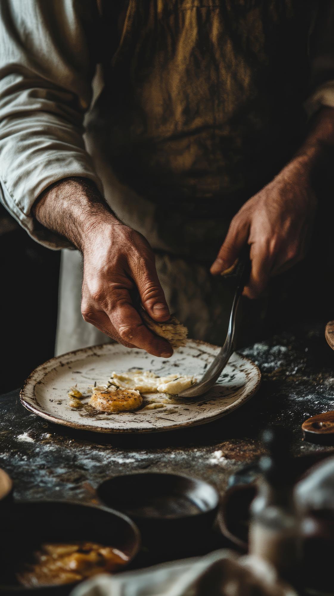 Chef arranging a rustic dish on wooden table